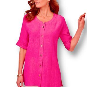 Soft Surroundings M Talia Tunic Top Pink Button Front Barbiecore Cottagecore
